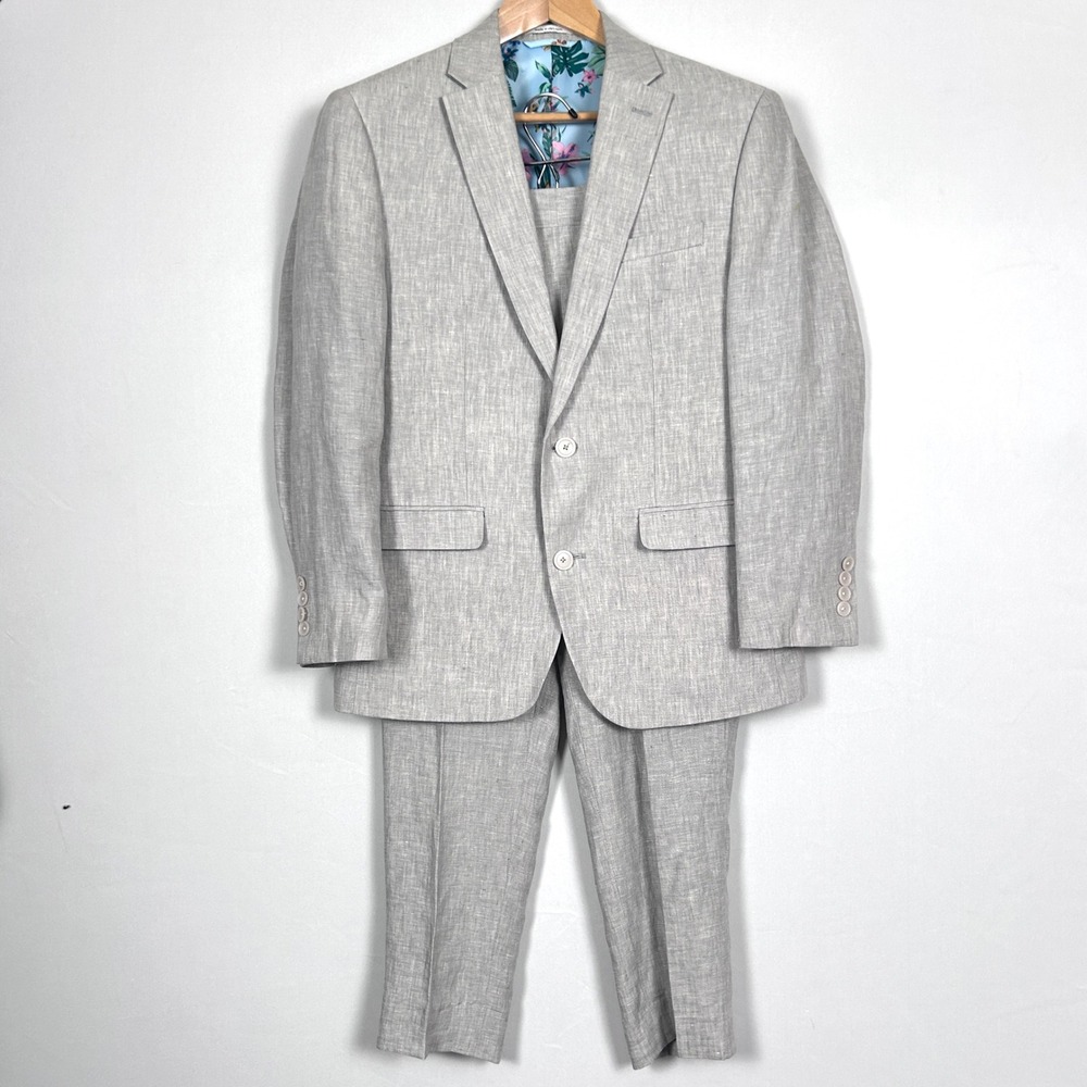 Bar III 100% Linen 2pc Suit Mens 38S 30x27 Slim Fit Gray Beach Wedding Guest